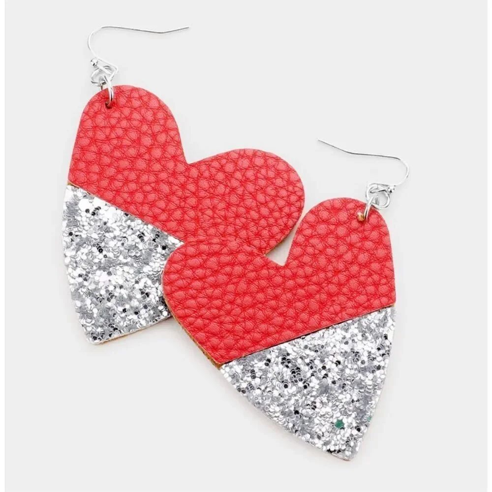 New Womens Boutique Glitter Faux Leather Heart Dangle Valentines Day Earrings